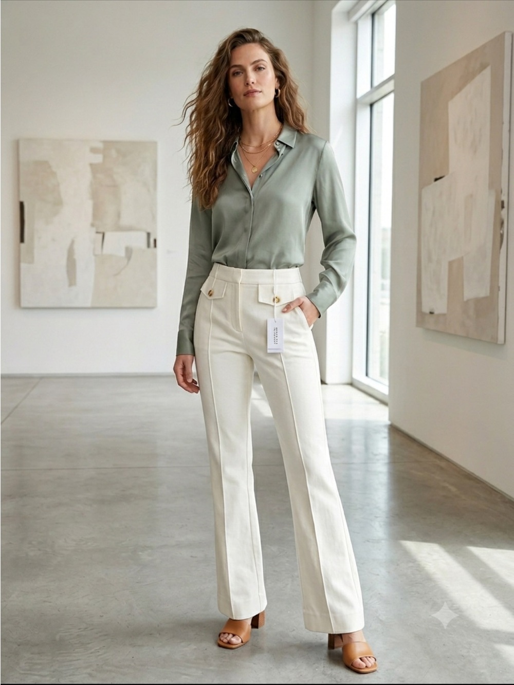 Derek Lam Cream High-Rise Wide-Leg Trousers